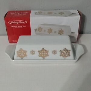 Holiday home ceramic‎ butter dish w/ gold accents